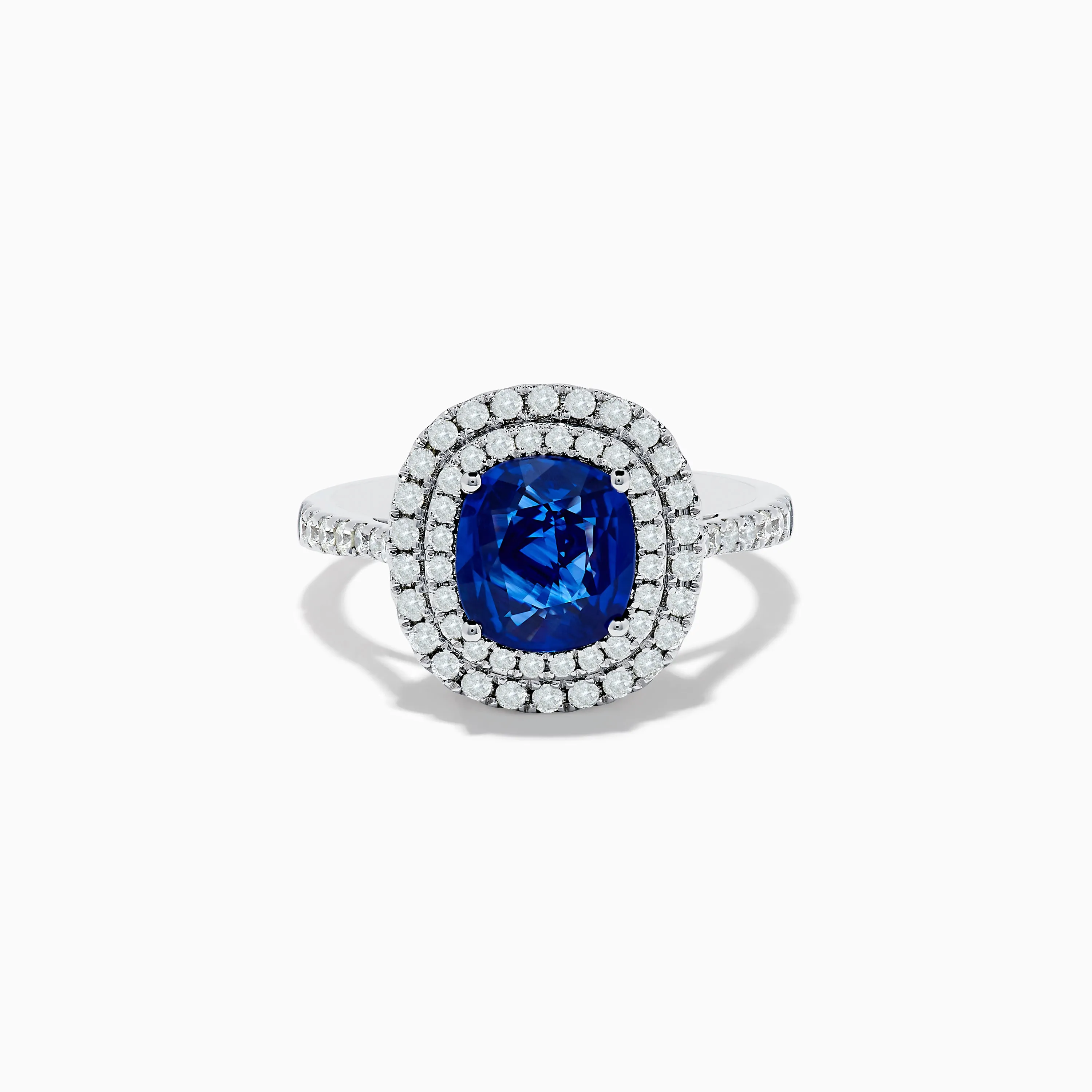 18K White Gold Blue Sapphire and Diamond Double Halo Ring sold by Effy