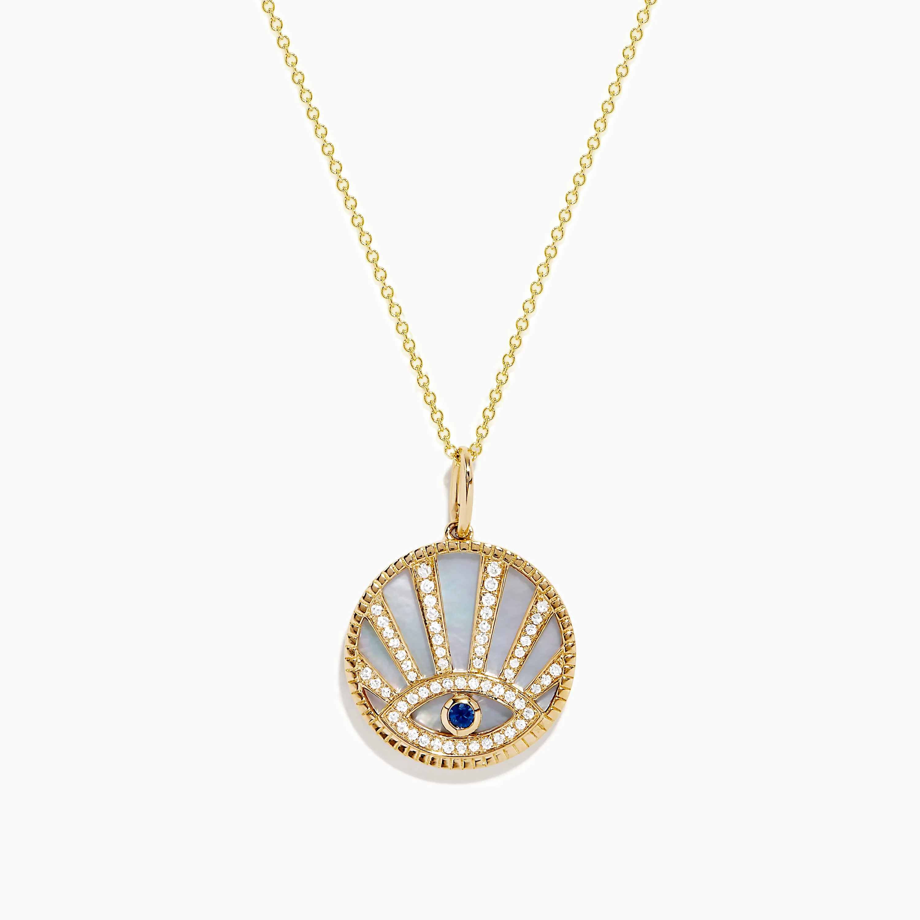 14K Yellow Gold Mother Of Pearl, Diamond and Sapphire Evil Eye Pendant sold by Effy