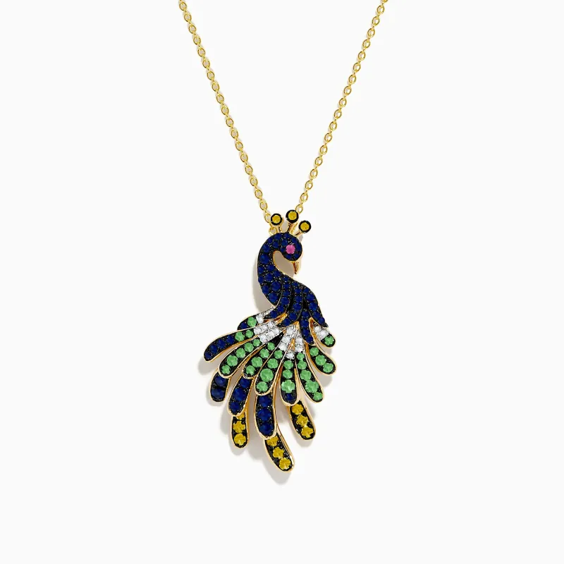 Safari 14K Yellow Gold Multi Color Sapphire and Diamond Peacock Pendant sold by Effy