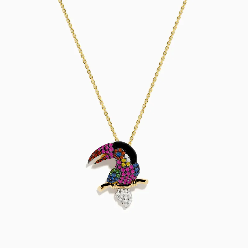 14K Yellow Gold Multi Color Sapphire Black Agate and Diamond Parrot Pendant sold by Effy