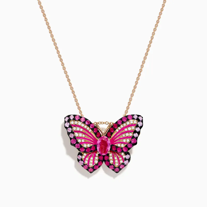 Nature 14K Rose Gold Pink Sapphire Ruby and Diamond Butterfly Pendant sold by Effy