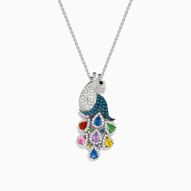 14K White Gold Multi Color Diamond and Sapphire Peacock Pendant sold by Effy