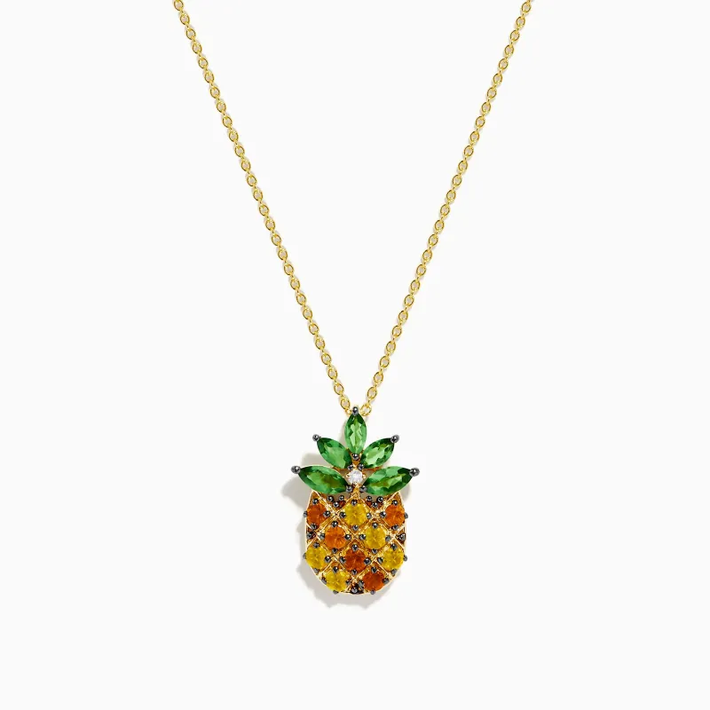 14K Yellow Gold Multi Sapphire Tsavorite and Diamond Pinapple Pendant sold by Effy
