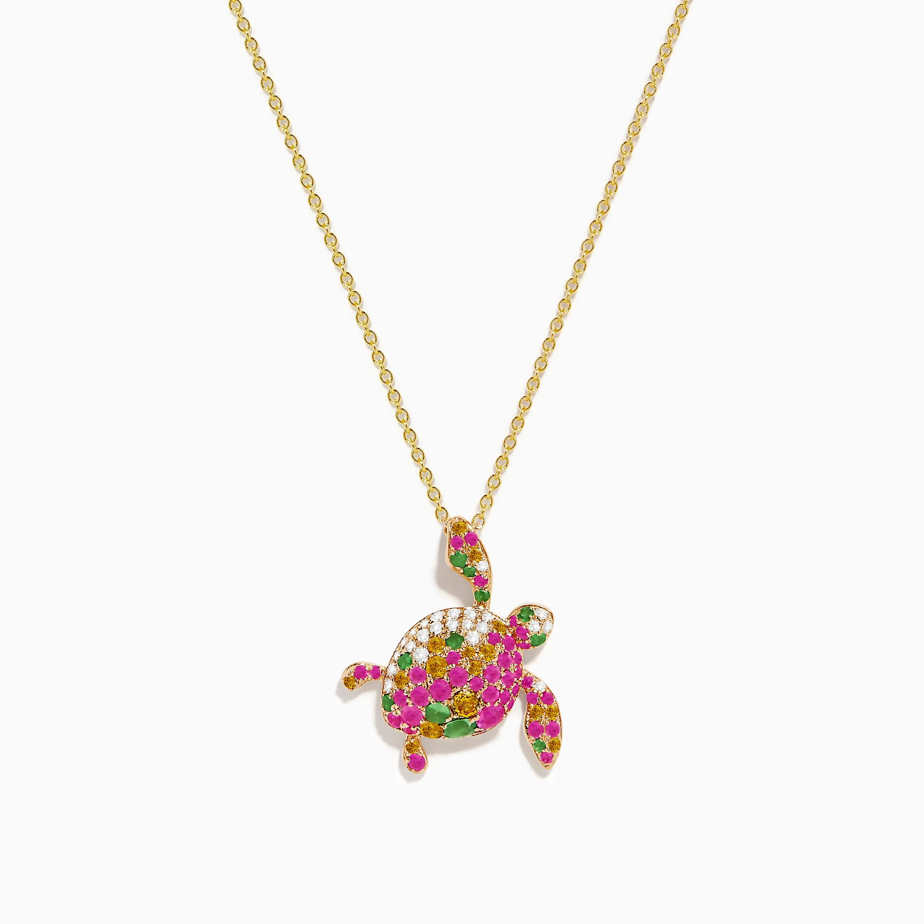 14K Rose Gold Pink and Yellow SapphireTsavorite and Diamond Turtle Pendant sold by Effy