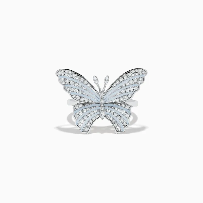 Nature 14K White Gold Diamond with White Enamel Butterfly Ring sold by Effy