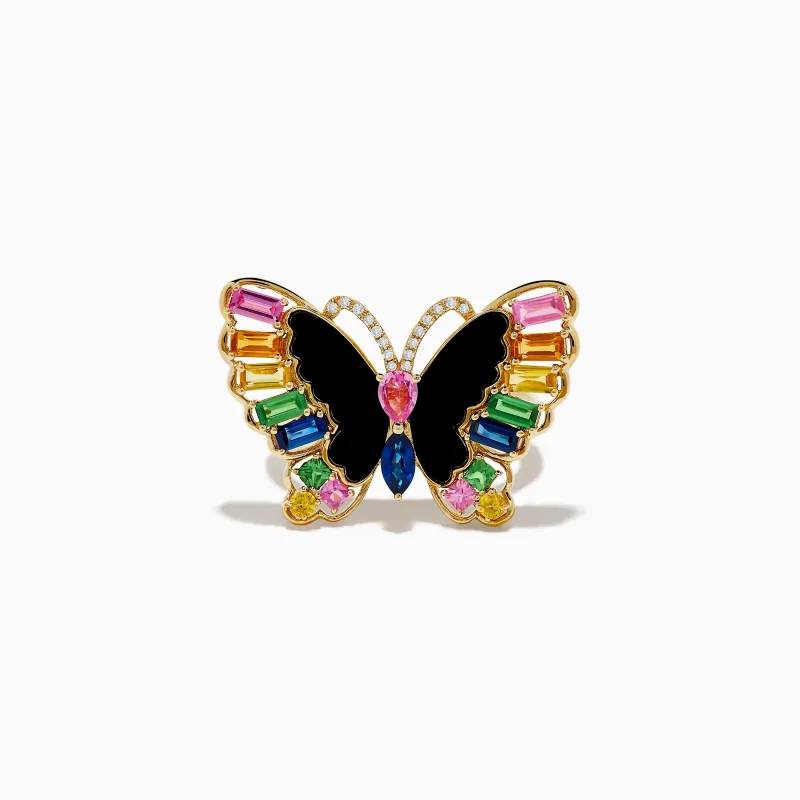 Nature 14K Yellow Gold Multi Sapphire Agate and Diamond Butterfly Ring sold by Effy