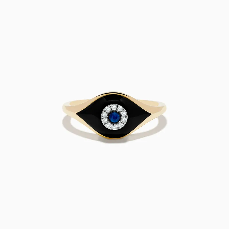 Novelty 14K Yellow Gold Sapphire Agate and Diamond Evil Eye Ring sold by Effy