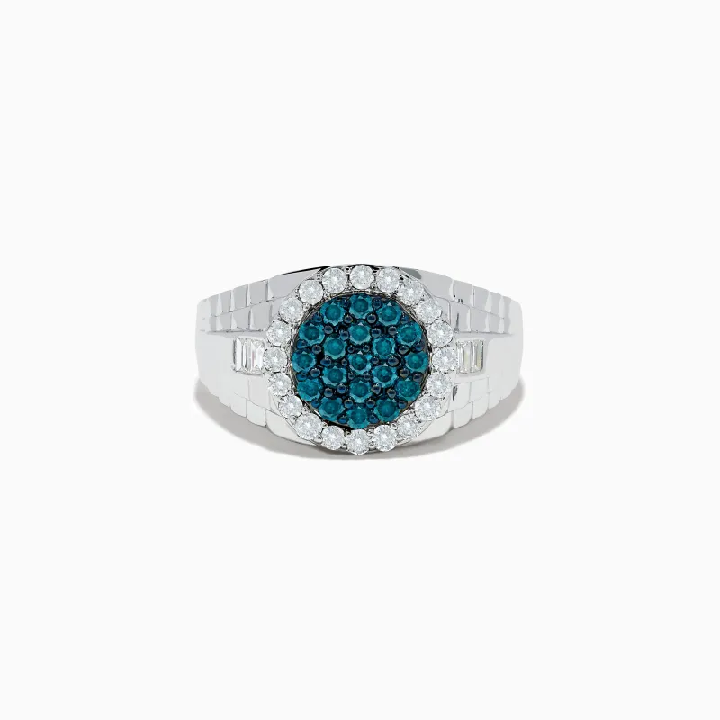 Men's 14K White Gold Blue and White Diamond Ring sold by Effy