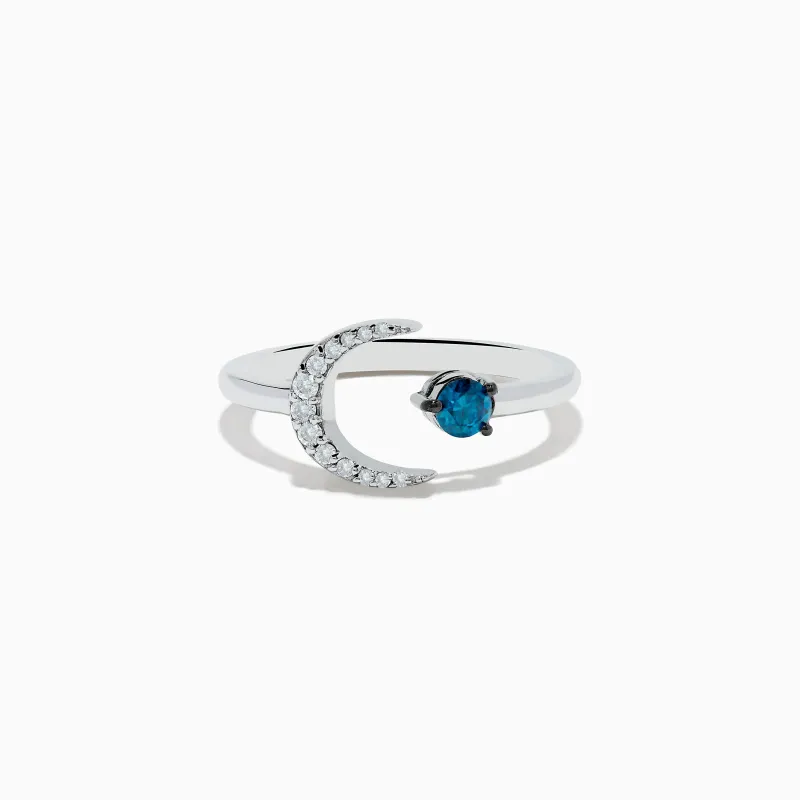 Bella Bleu 14K White Gold White and Blue Diamond Crescent Moon Ring made by Effy