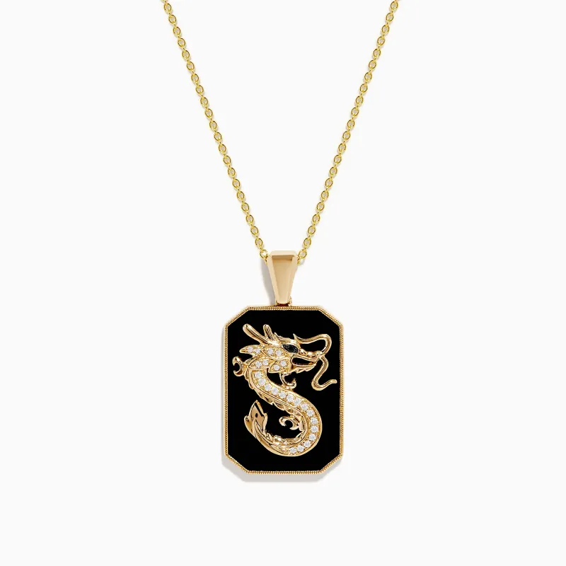 Men's 14K Yellow Gold White and Black Diamond Agate Dragon Dog Tag Pendant sold by Effy