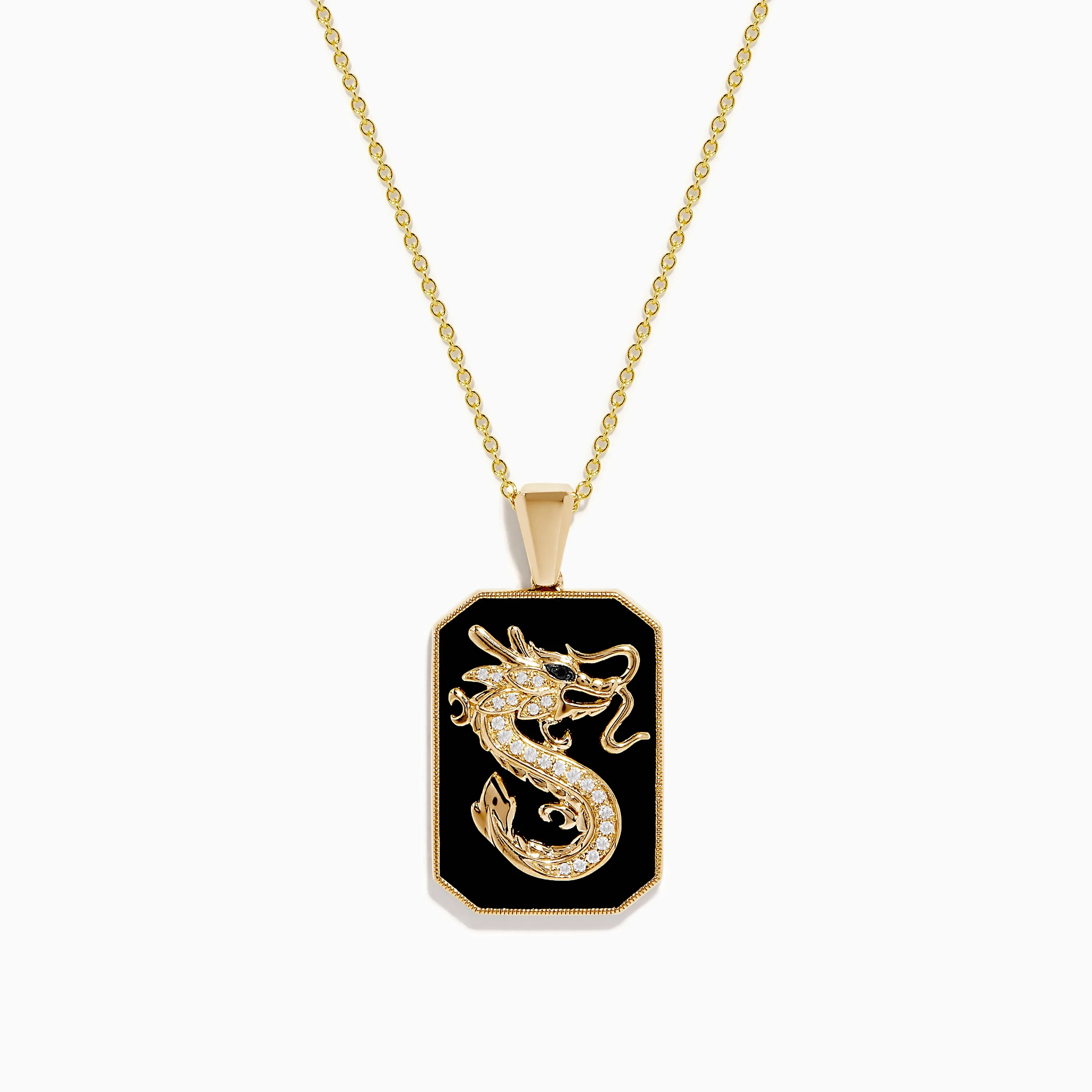 Men's 14K Yellow Gold White and Black Diamond Agate Dragon Dog Tag Pendant sold by Effy