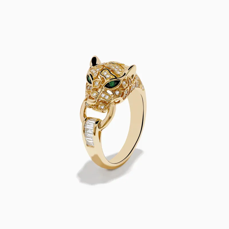 Signature 14K Yellow Gold Diamond and Emerald Panther Ring sold by Effy