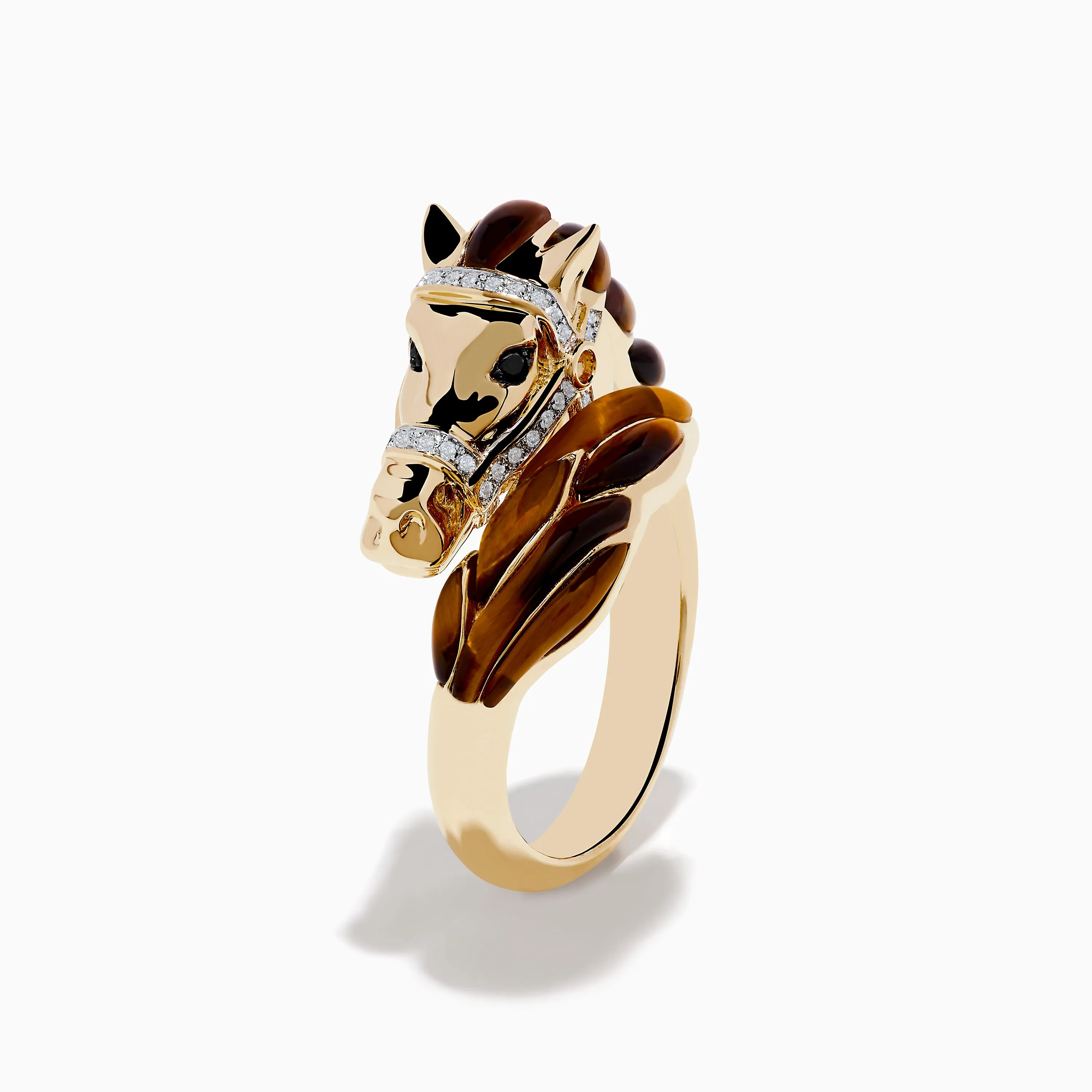 14K Yellow Gold White and Black Diamond Tiger Eye Horse Ring sold by Effy