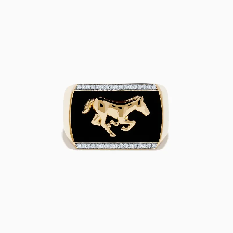 Men's 14K Yellow Gold Onyx and Diamond Running Horse Ring sold by Effy