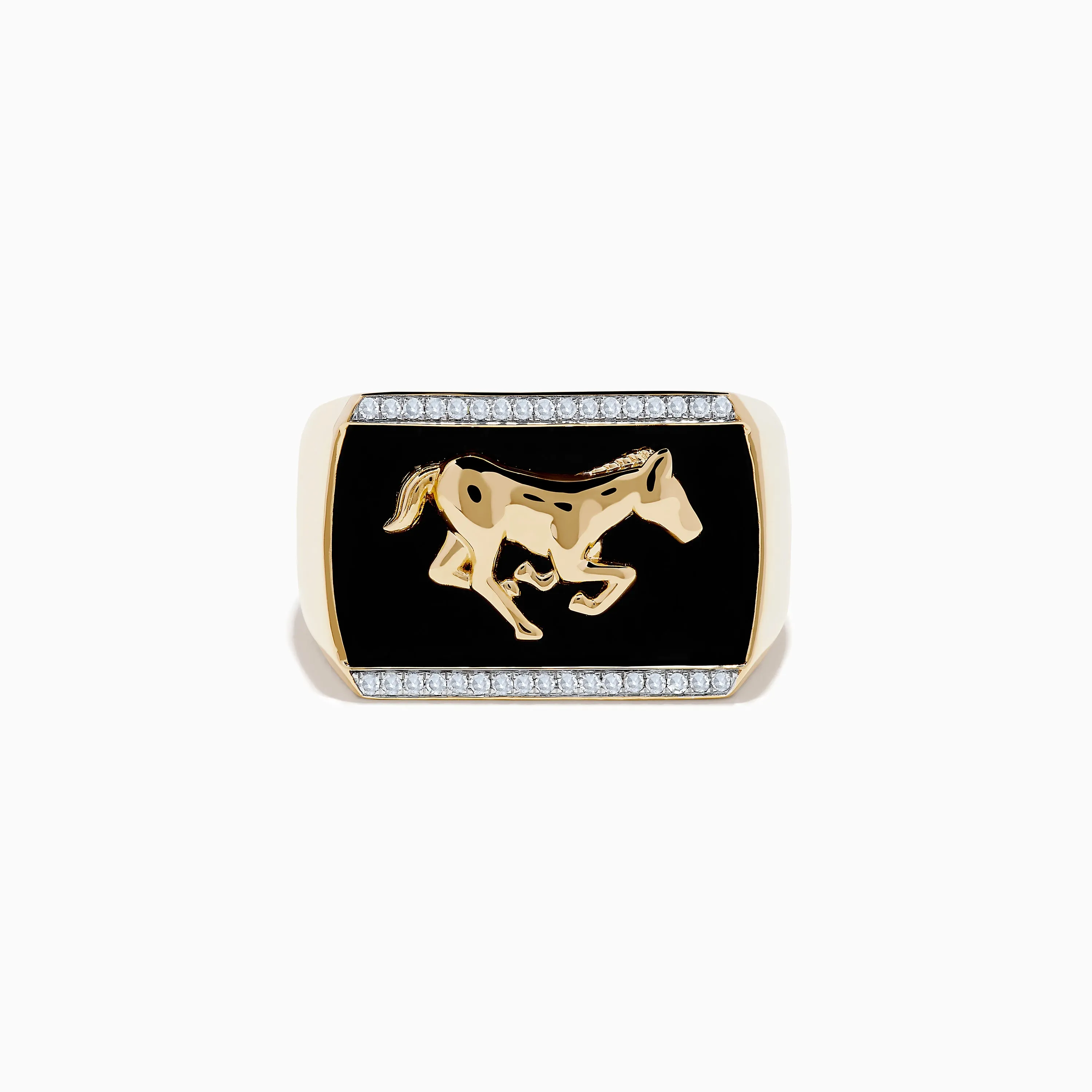 Men's 14K Yellow Gold Onyx and Diamond Running Horse Ring sold by Effy
