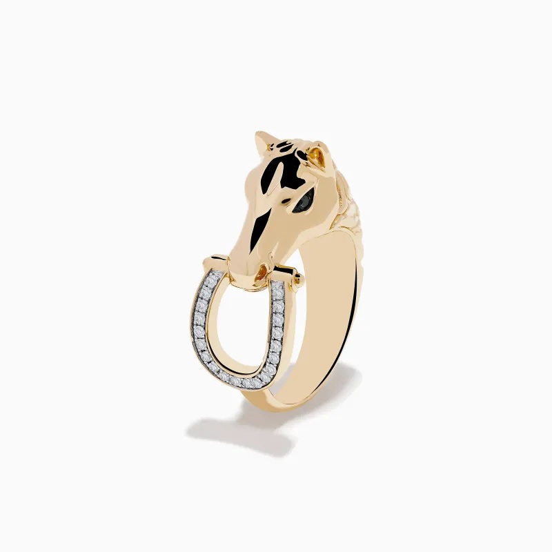 Men's 14K Yellow Gold Black and White Diamond Horse Ring sold by Effy