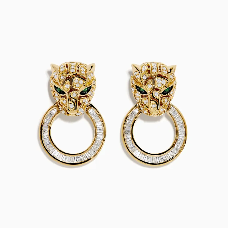 Signature 14K Yellow Gold Diamond and Emerald Panther Earrings sold by Effy