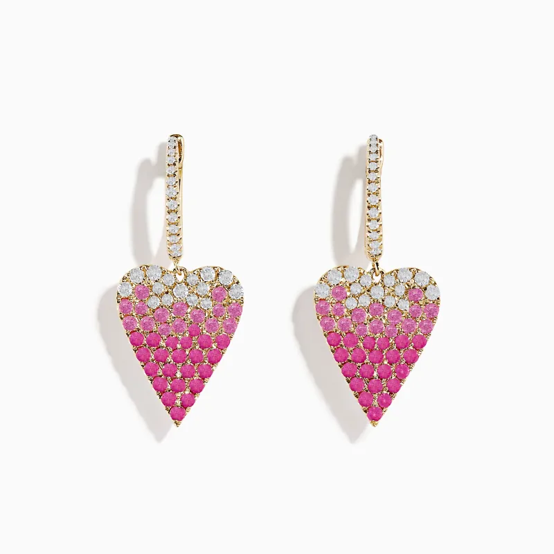 14K Yellow Gold Pink Sapphire and Diamond Heart Earrings sold by Effy