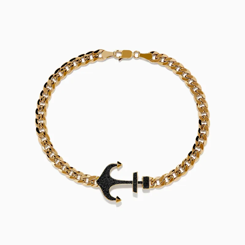 Men's 14K Yellow Gold Black Diamond Anchor Chain Bracelet sold by Effy