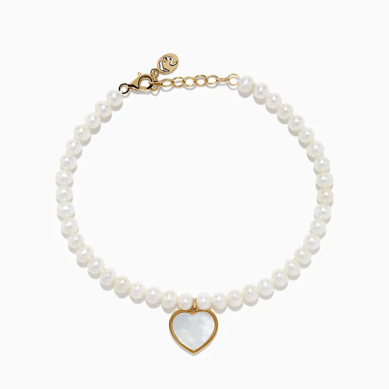 14K Gold Fresh Water Pearl and Mother of Pearl Heart Charm Bracelet sold by Effy