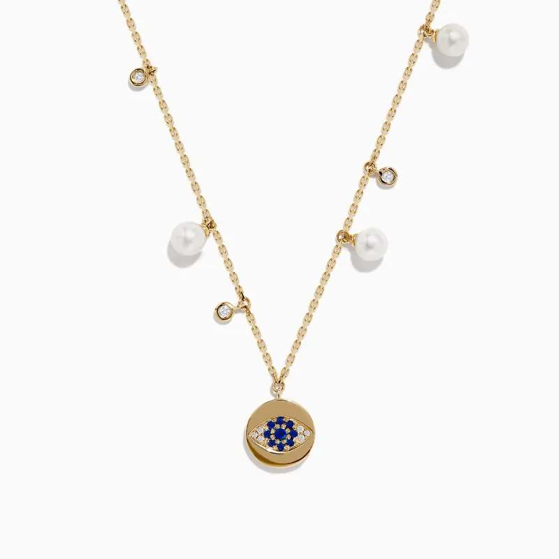 14K Gold Fresh Water Pearl, Sapphire and Diamond Evil Eye Necklace sold by Effy