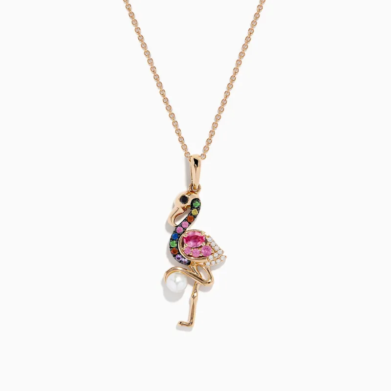 14K Rose Gold Multi Color Sapphire, Pearl and Diamond Flamingo Pendant sold by Effy
