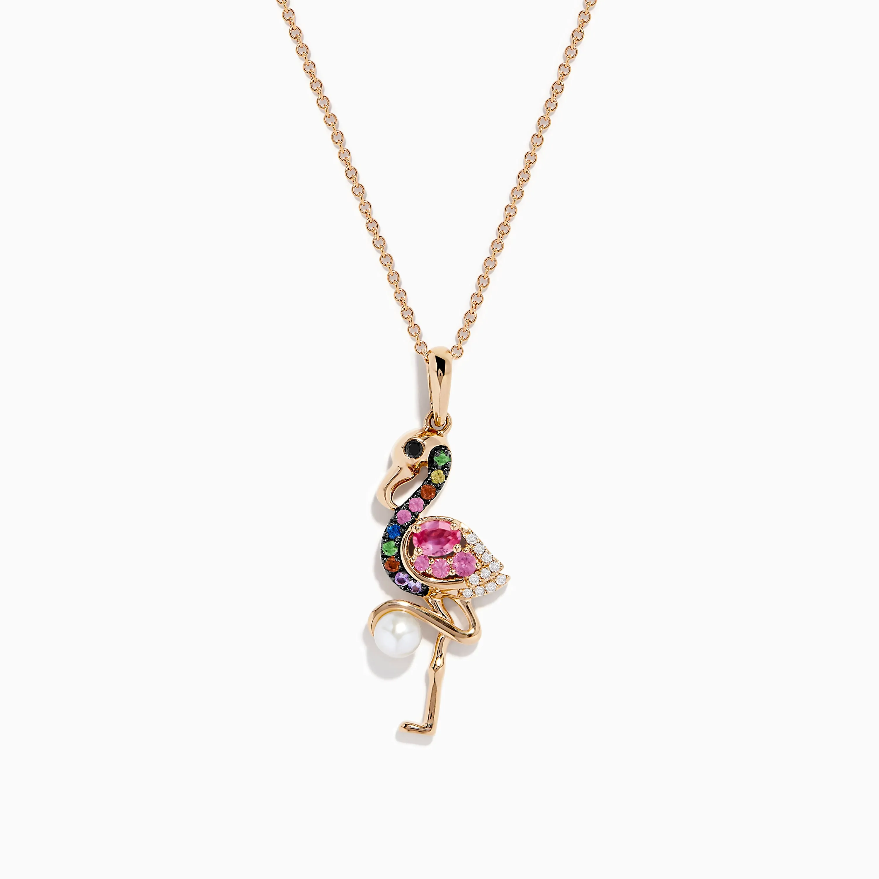 14K Rose Gold Multi Color Sapphire, Pearl and Diamond Flamingo Pendant sold by Effy