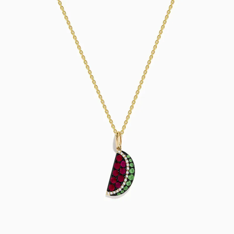 Novelty 14K Yellow Gold Ruby, Tsavorite and Diamond Watermelon Pendant sold by Effy