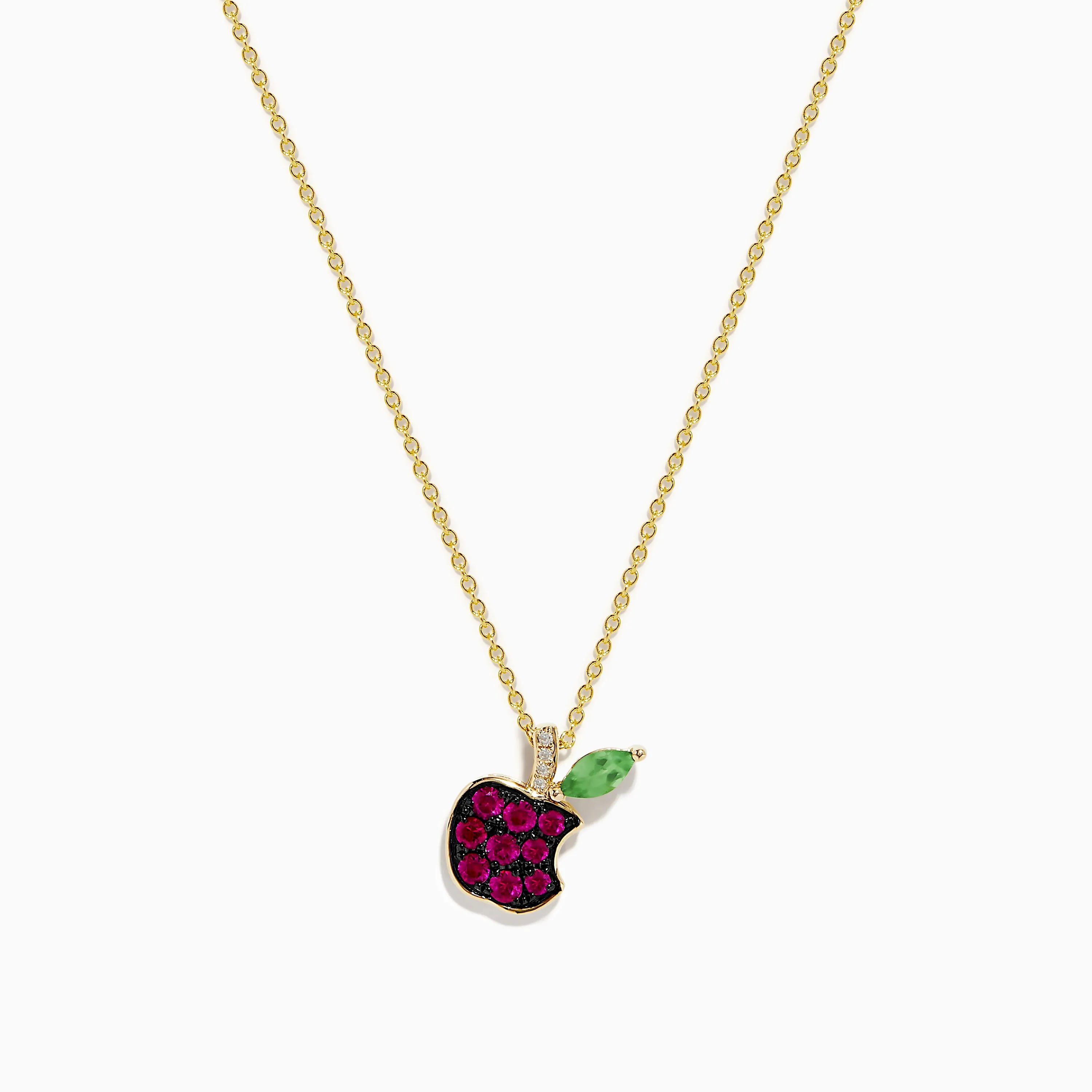 Novelty 14K Yellow Gold Ruby, Tsavorite and Diamond Apple Pendant sold by Effy
