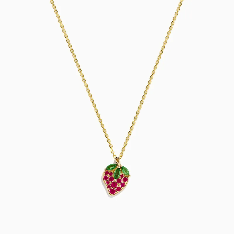 Novelty 14K Yellow Gold Ruby and Tsavorite Strawberry Pendant sold by Effy