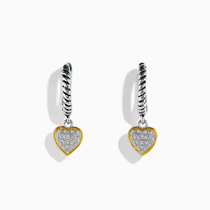 925 Sterling Silver and 18K Yellow Gold Diamond Heart Drop Earrings sold by Effy