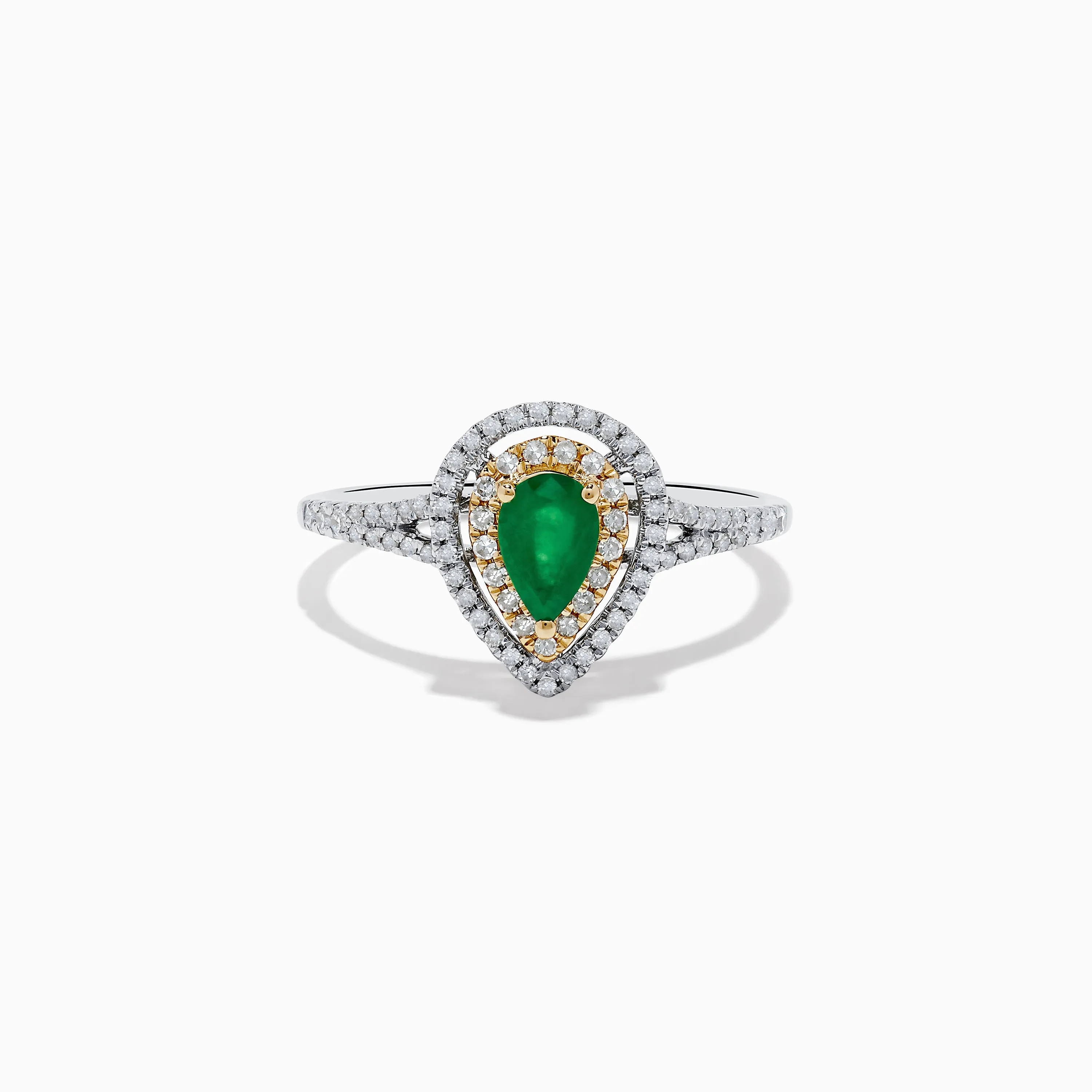 14K White and Yellow Gold Pear Shaped Double Diamond Halo Emerald Ring sold by Effy