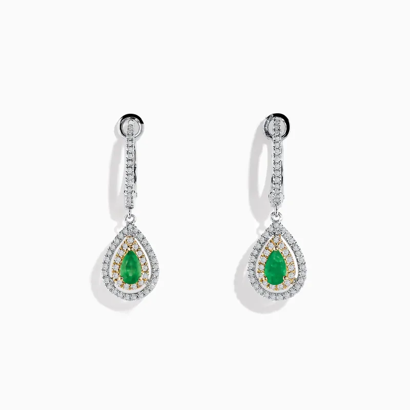 14K White & Yellow Gold Pear Shaped Double Diamond Halo Emerald Drop Earrings sold by Effy
