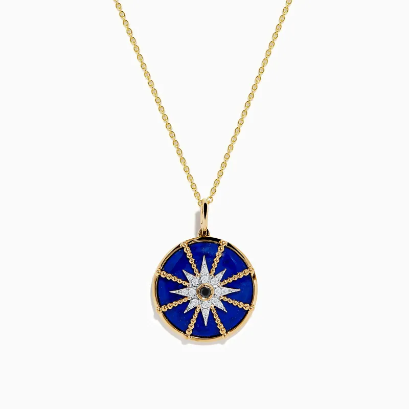 14K Yellow Gold Lapis, White and Black Diamond Compass Pendant sold by Effy