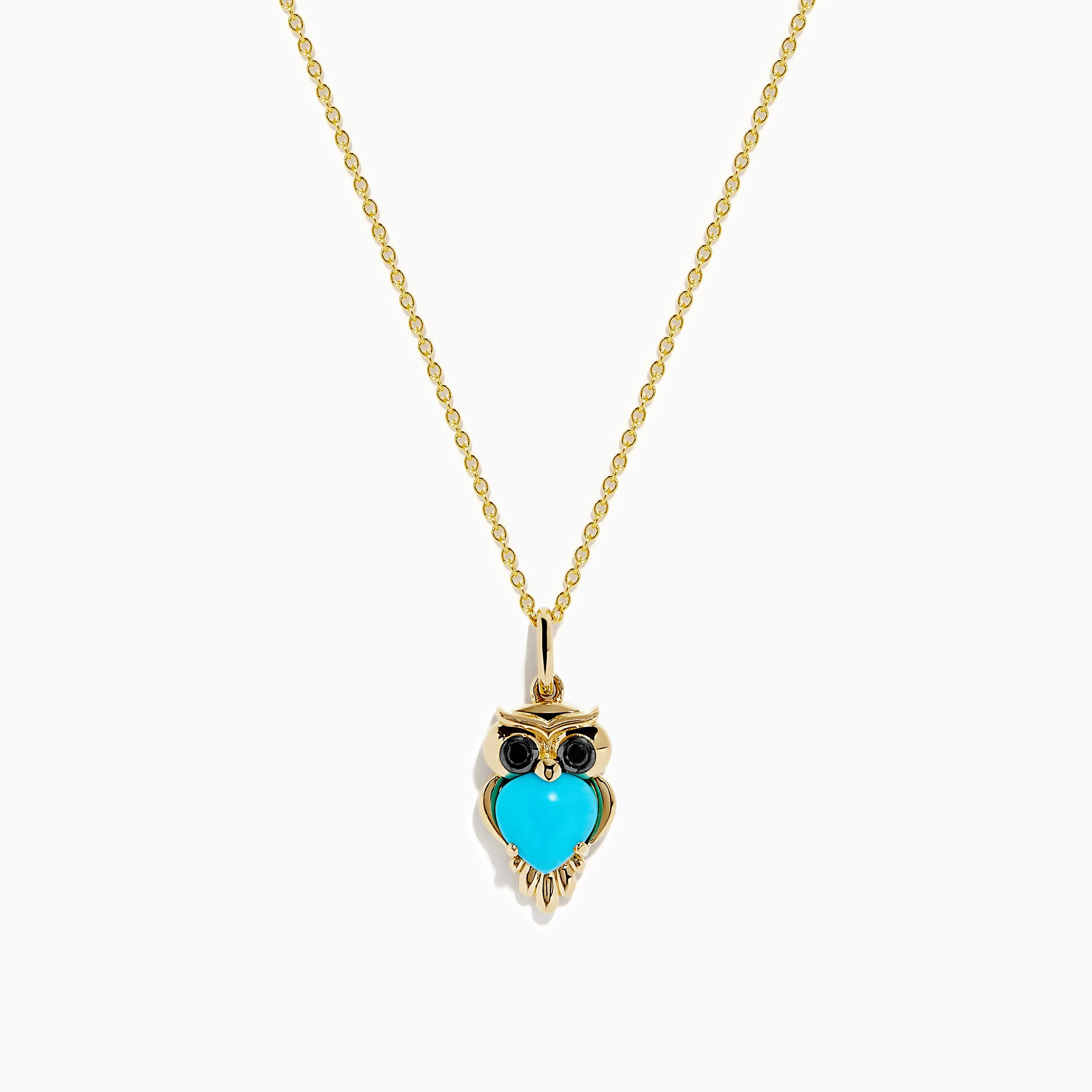 14K Yellow Gold Turquoise and Black Diamond Owl Pendant sold by Effy
