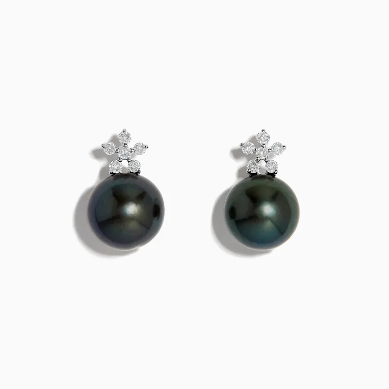 14K White Gold Tahitian Pearl and Diamond Earrings 9-10 mm sold by Effy