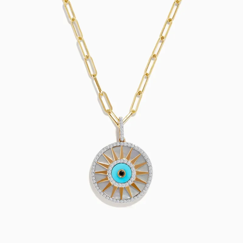 14K Yellow Gold Mother Of Pearl, Turquoise and Diamond Evil Eye Pendant sold by Effy