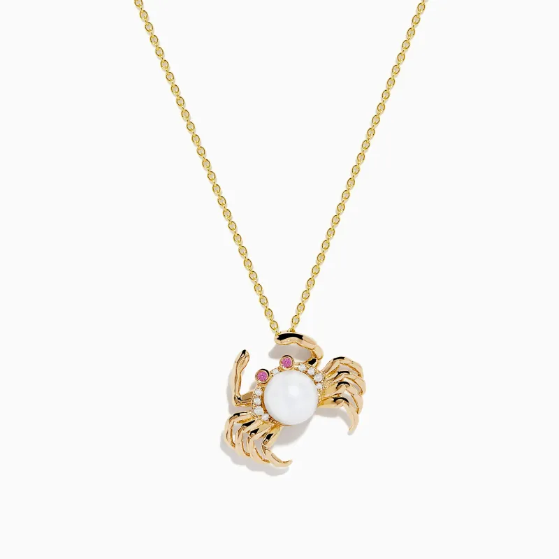 14K Yellow Gold Freshwater Pearl, Pink Sapphire and Diamond Crab Pendant sold by Effy