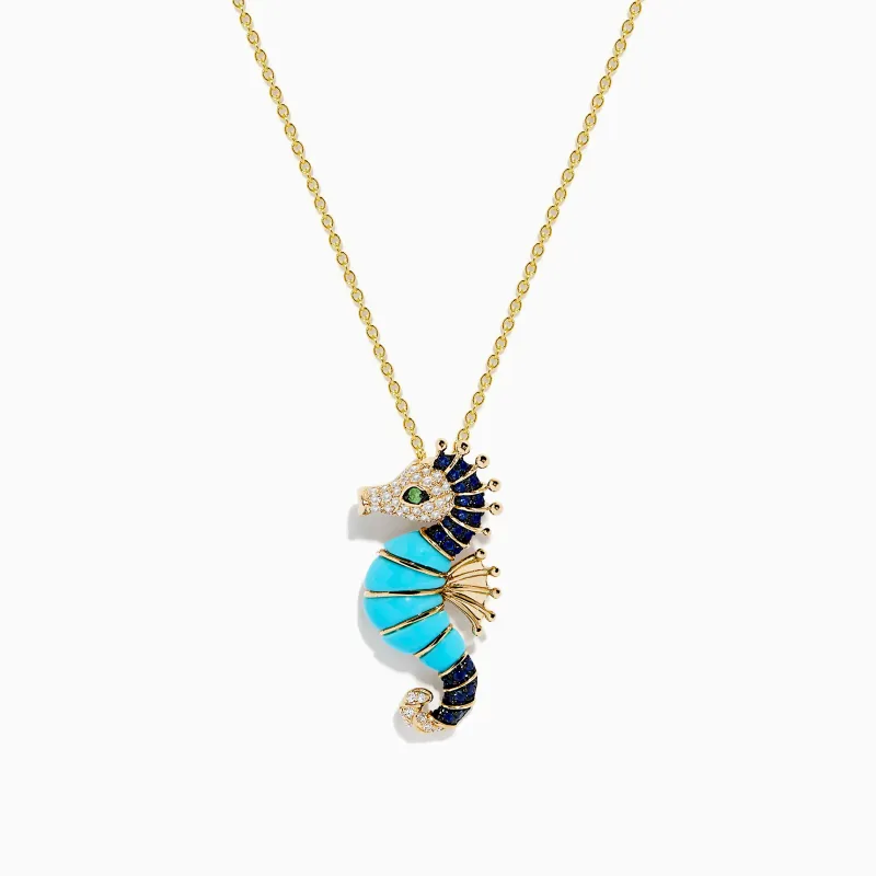 14K Yellow Gold Turquoise, Sapphire, Tsavorite and Diamond Seahorse Pendant sold by Effy