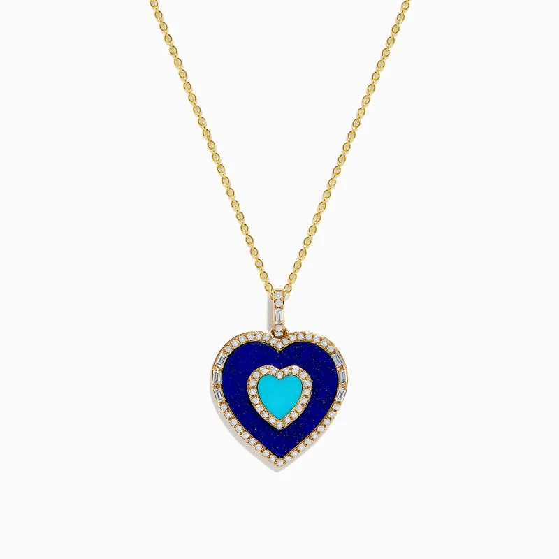 Novelty 14K Yellow Gold Lapis, Turquoise and Diamond Heart Pendant sold by Effy