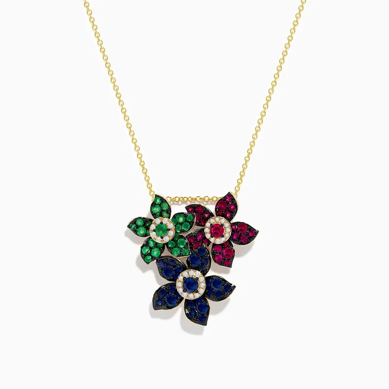 Nature 14K Yellow Gold Ruby, Sapphire, Emerald and Diamond Flower Pendant sold by Effy