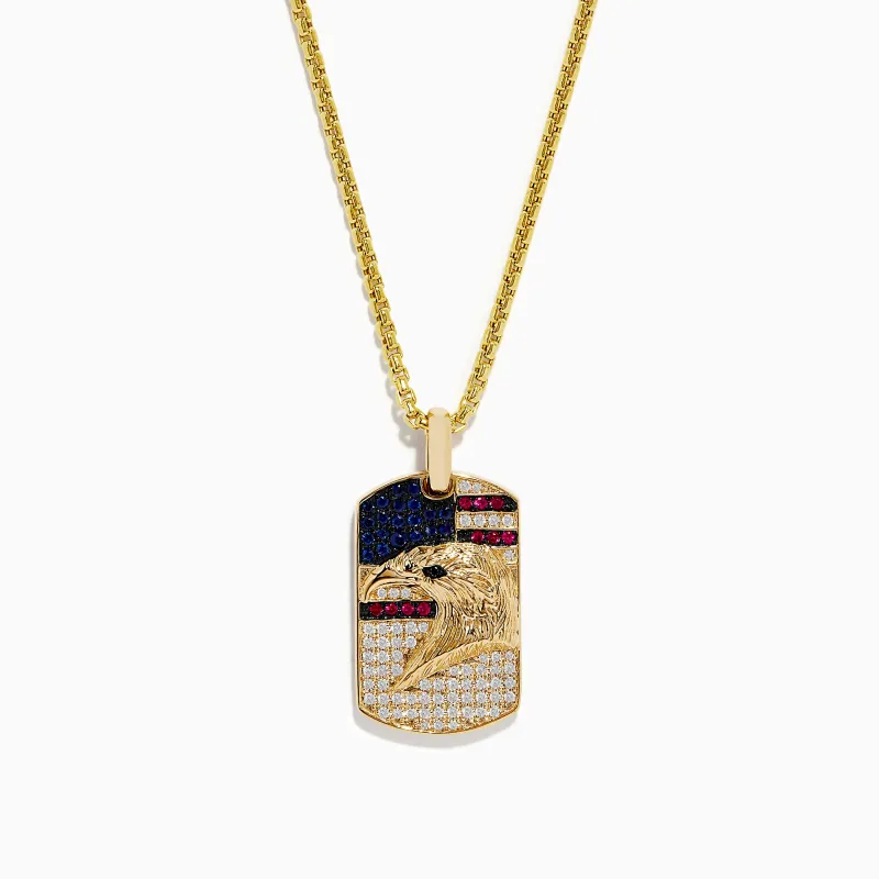 Men's 14K Gold Ruby, Sapphire & Diamond Eagle Head Pendant sold by Effy
