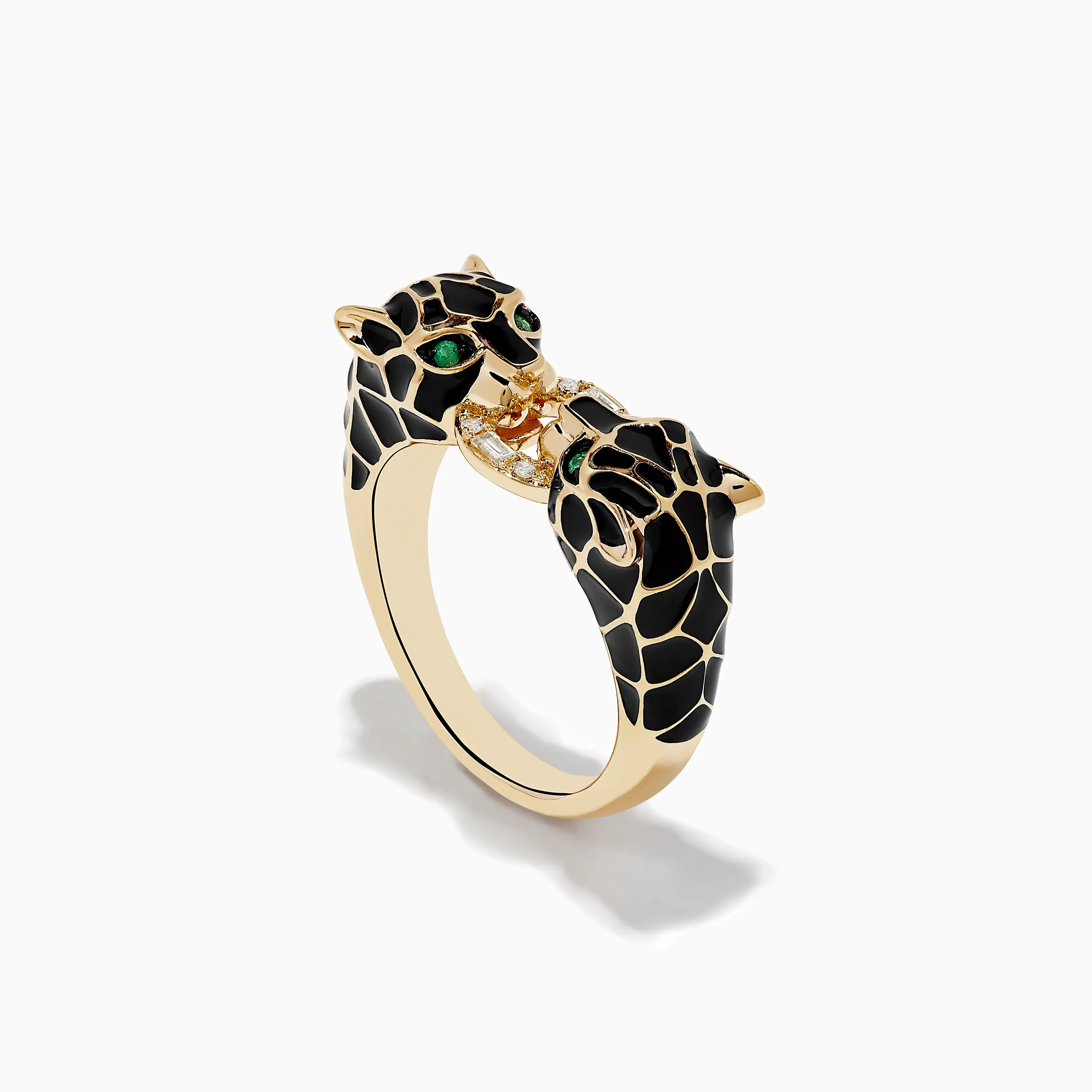 Signature 14K Yellow Gold Emerald and Diamond Black Enamel Panther Ring sold by Effy