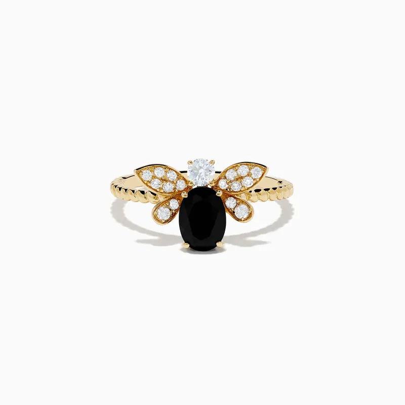 Nature 14K Yellow Gold Onyx and Diamond Bee Ring sold by Effy