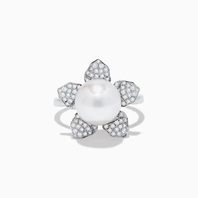 14K White Gold Fresh Water Pearl and Diamond Flower Ring sold by Effy