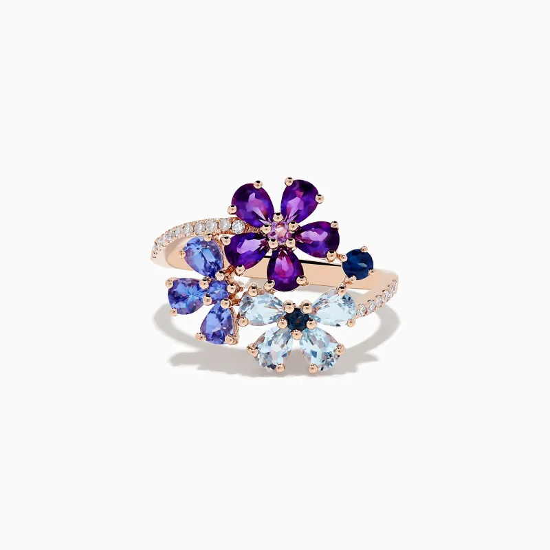 14K Gold Blue Topaz, Amethyst, Tanzanite, Sapphire and Diamond Ring sold by Effy