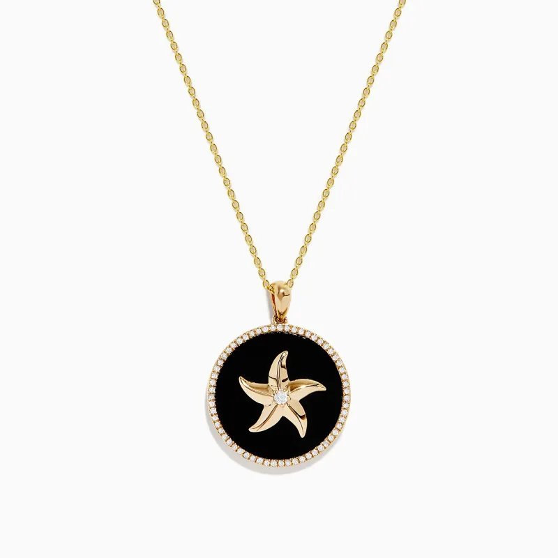 Seaside 14K Yellow Gold Black Agate and Diamond Starfish Pendant sold by Effy