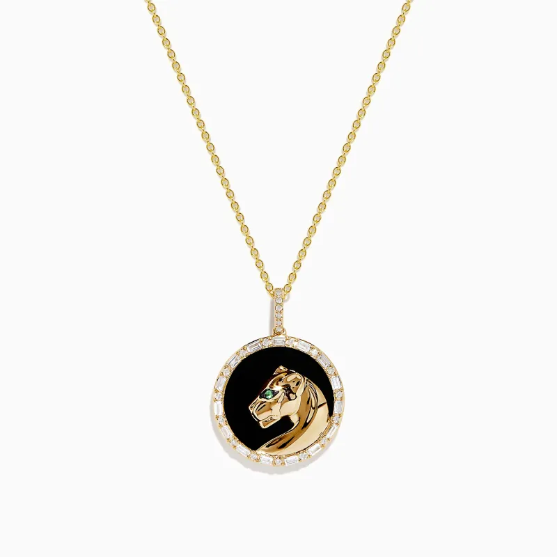 Signature 14K Yellow Gold Onyx Emerald and Diamond Panther Pendant sold by Effy
