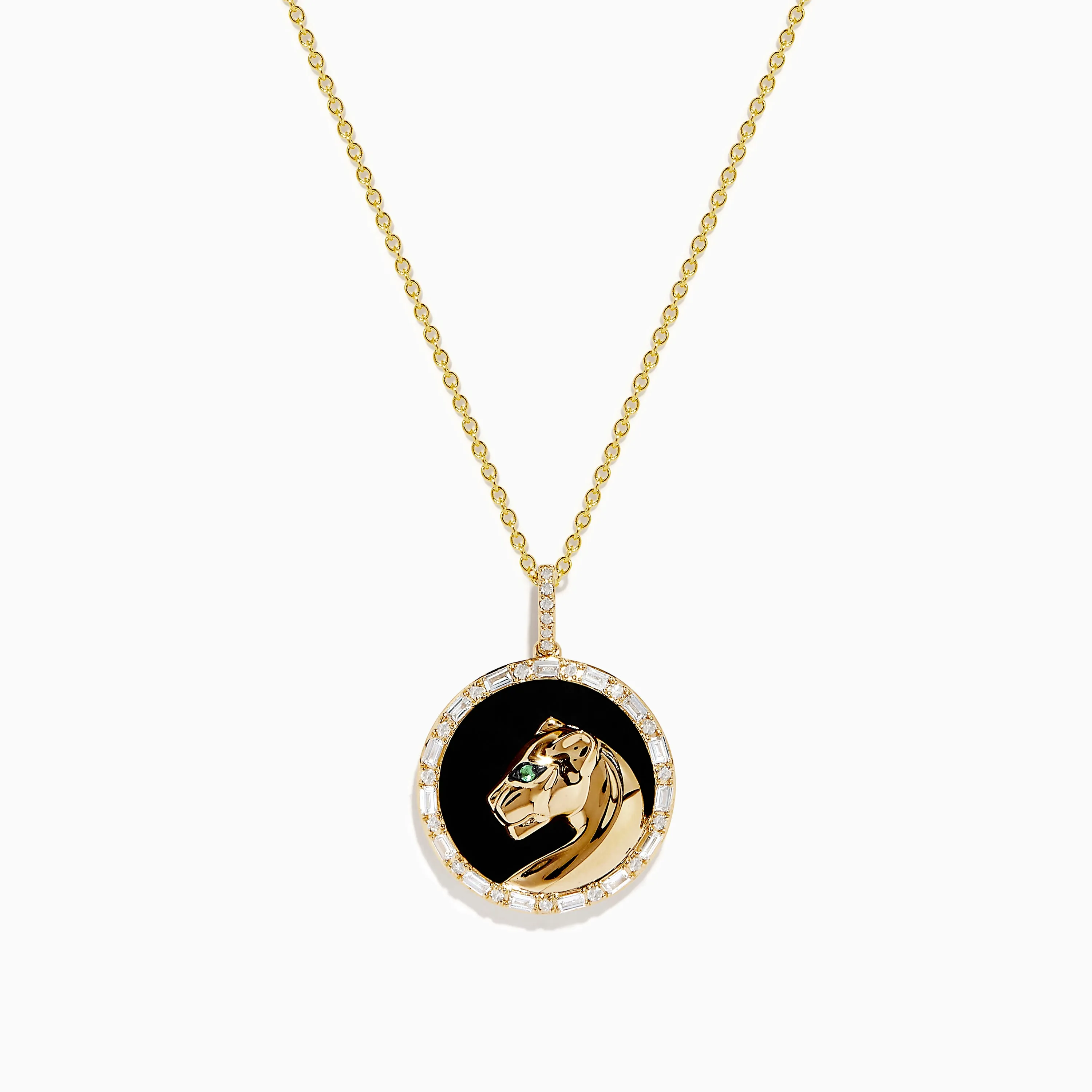 Signature 14K Yellow Gold Onyx Emerald and Diamond Panther Pendant sold by Effy