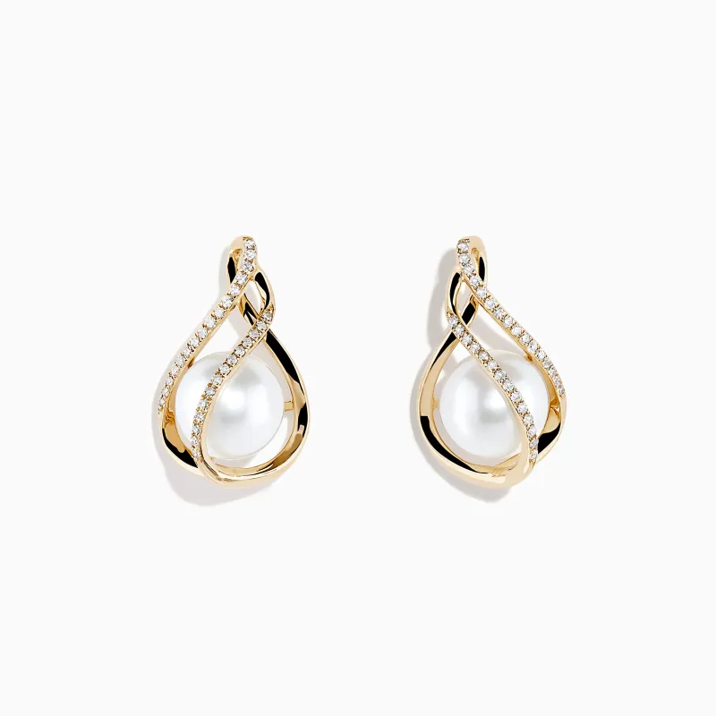 14K Yellow Gold Diamond Fresh Water Pearl Drop Earrings sold by Effy